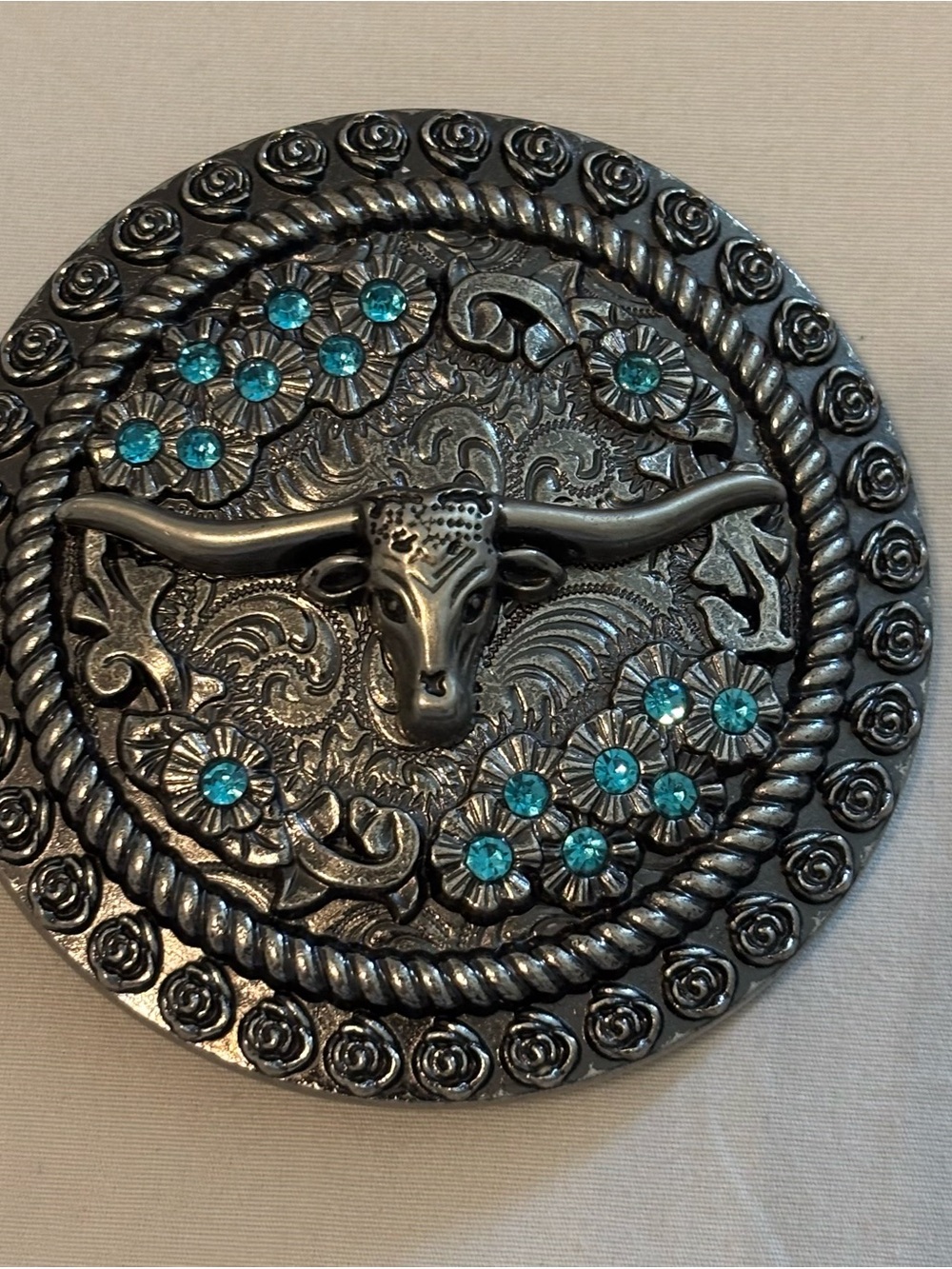 Decorative Silver Longhorn belt buckle with Turquoise Gems